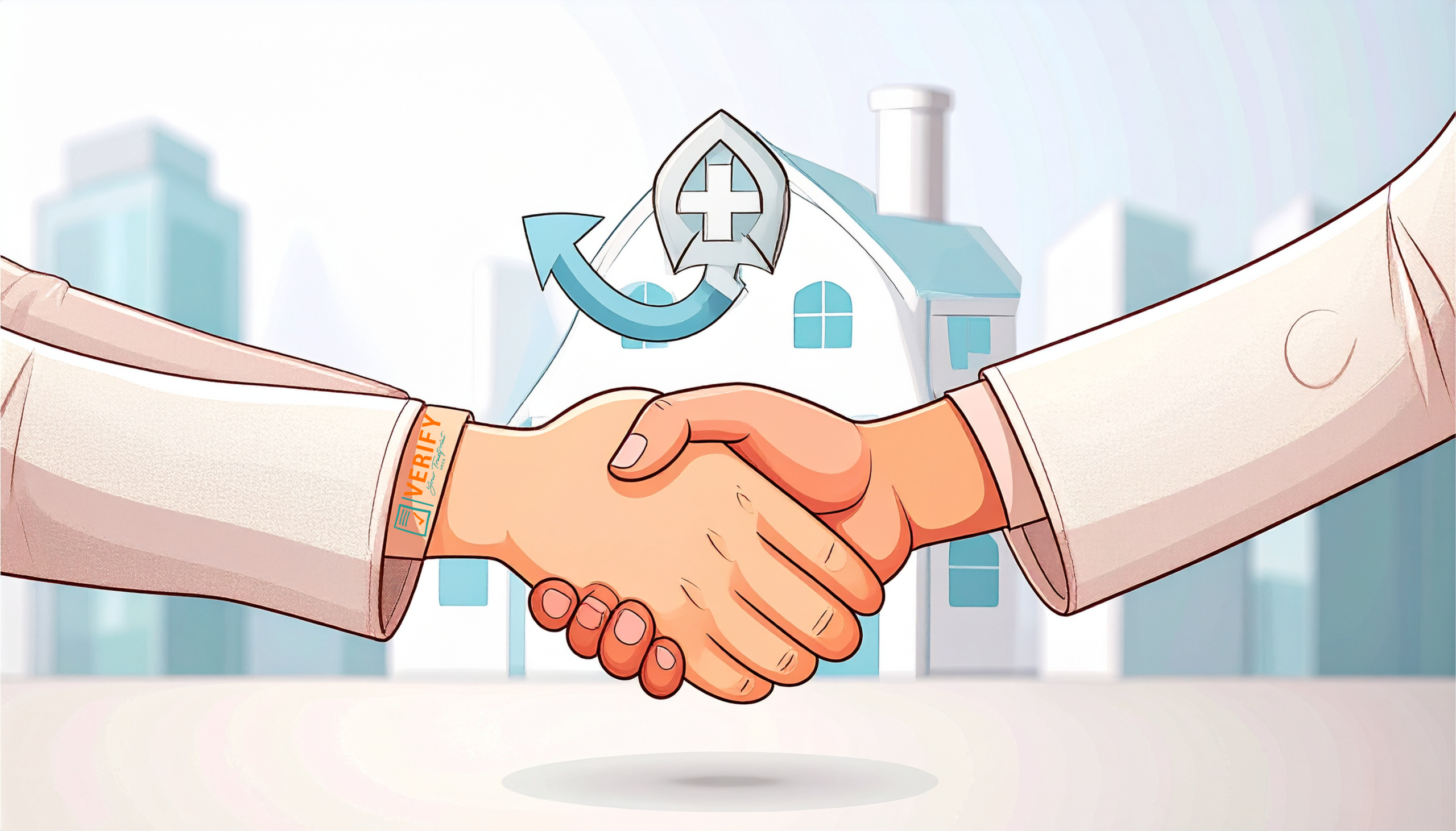 Illustration of two people shaking hands in front of a building with a medical cross symbol, representing partnership and trust in business development.