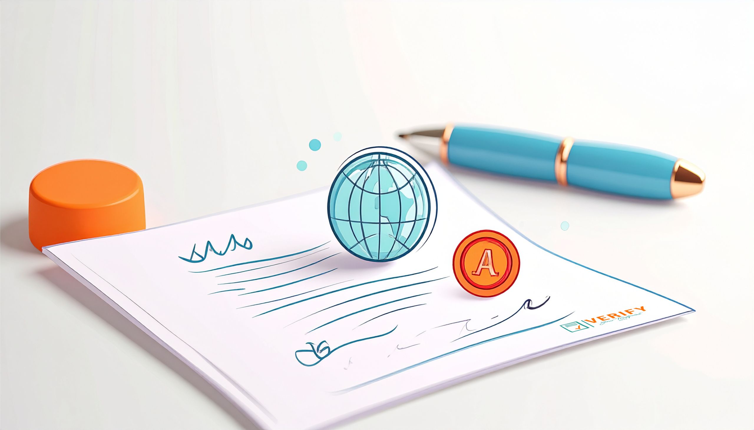 Illustration of a signed document with a globe and a certification badge on it, symbolizing verified or certified translations.