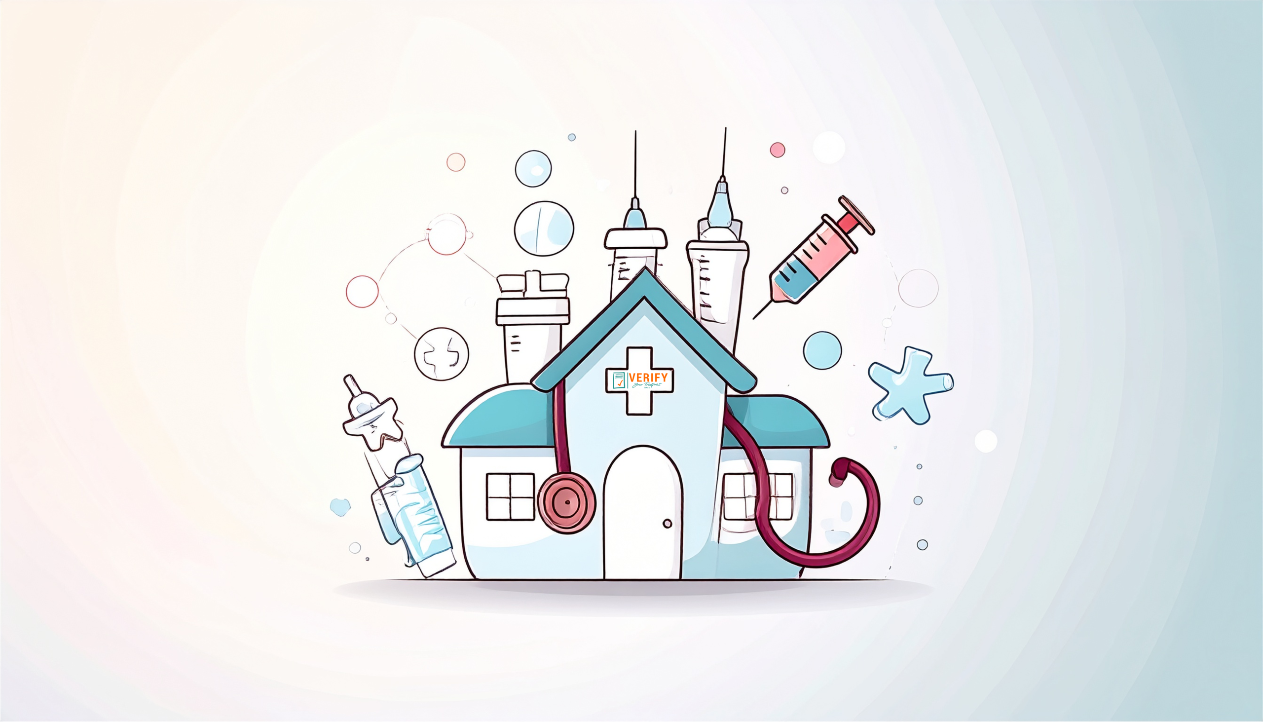 Illustration of a hospital building surrounded by medical equipment such as syringes, stethoscope, and IV bottles, symbolizing essential healthcare services.