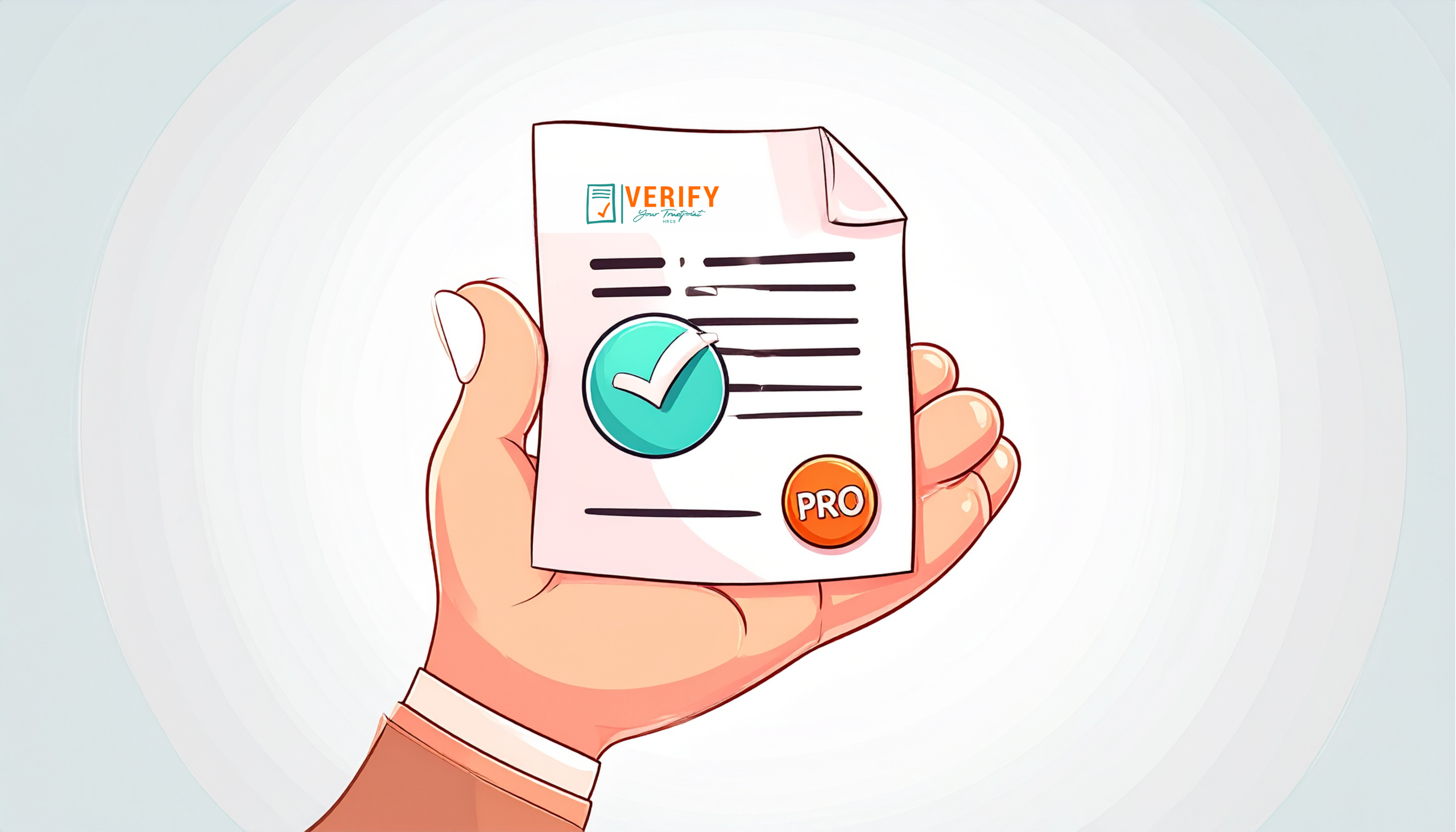 Illustration of a hand holding a document with a large checkmark and the word “PRO” on it, referring to Public Relation Officer in the medical sector.