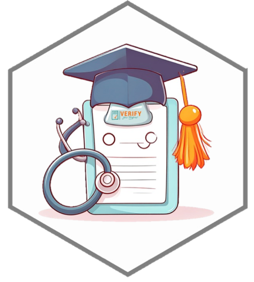 Illustration of a clipboard wearing a graduation cap with a stethoscope draped around it, symbolizing verified medical qualifications.