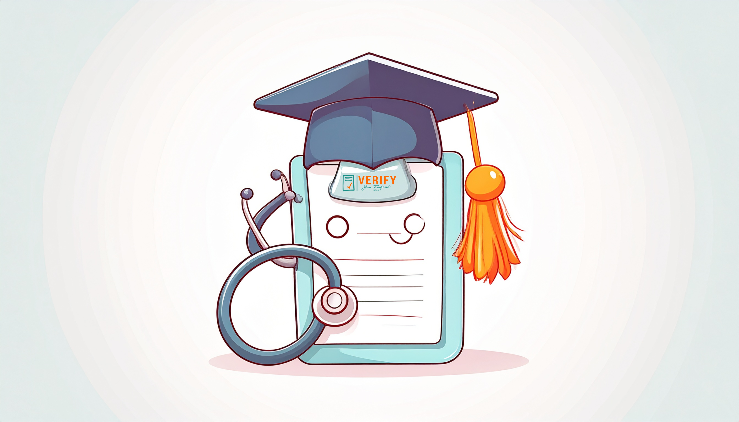 Illustration of a clipboard wearing a graduation cap with a stethoscope draped around it, symbolizing verified medical qualifications.