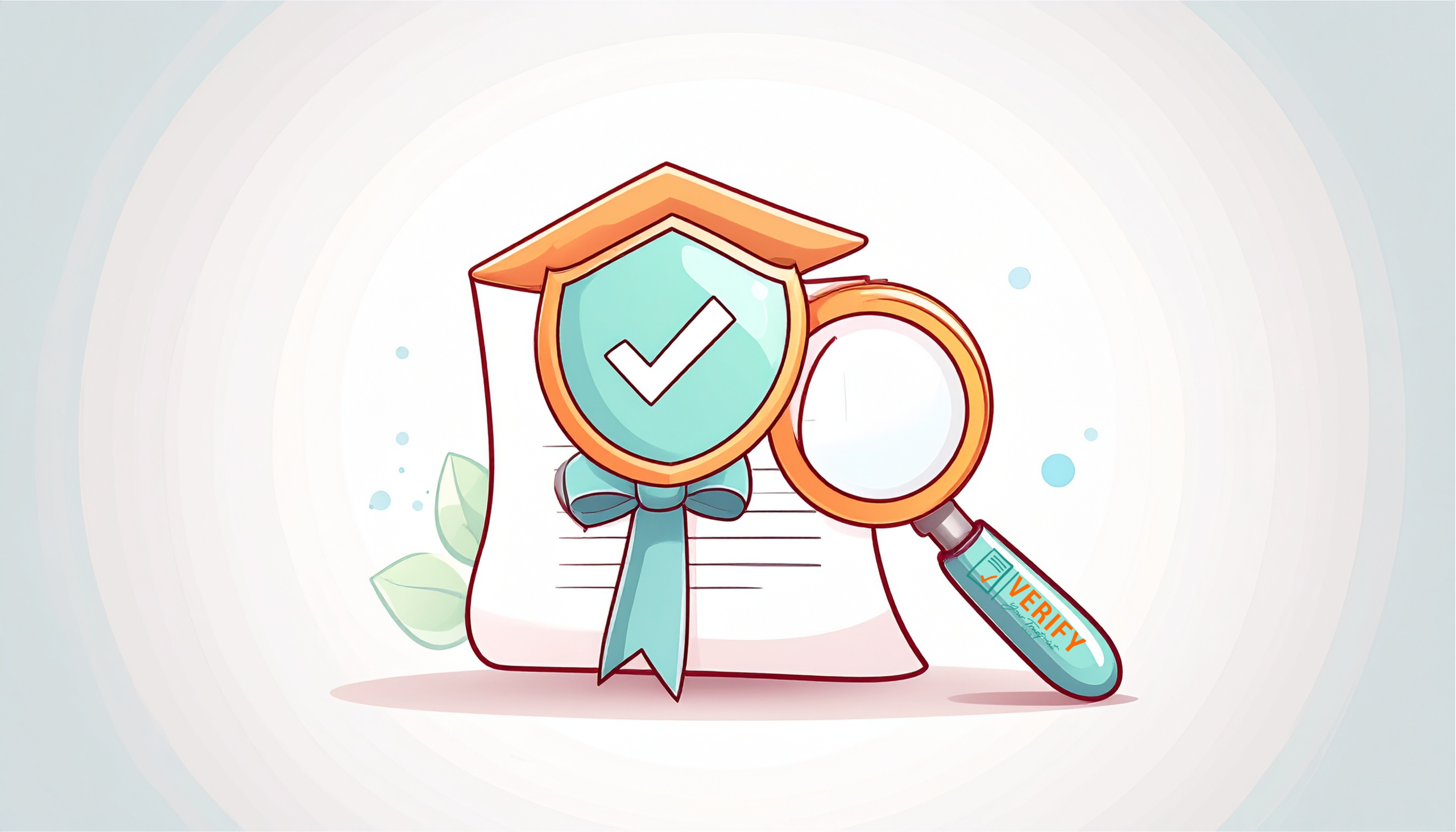 Illustration of a diploma with a ribbon, a shield featuring a checkmark symbol, and a magnifying glass, representing credential verification and certification authenticity.