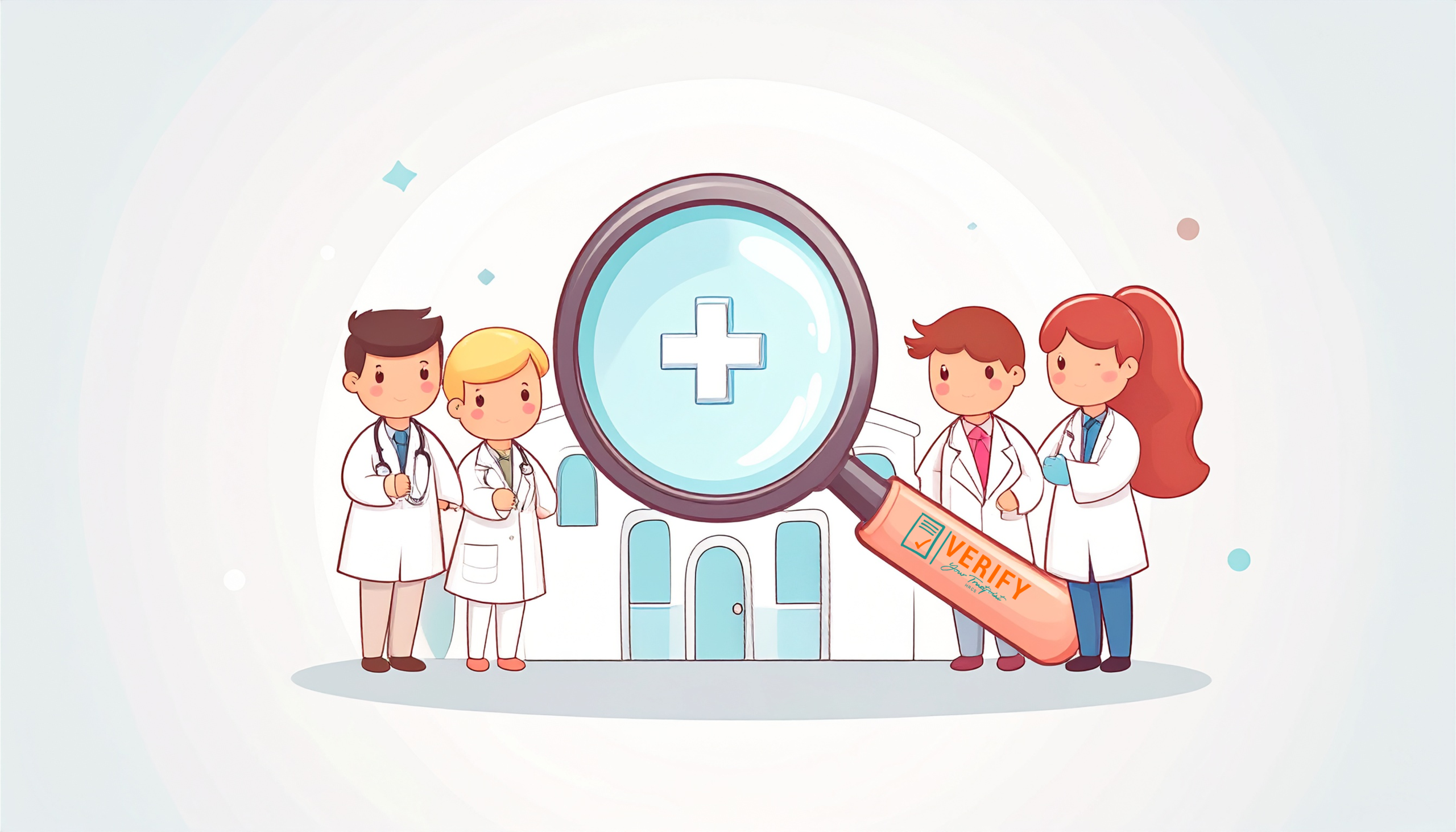 Illustration of four cartoon doctors standing beside a hospital building, holding a large magnifying glass with a medical cross and the word 'VERIFY' on the handle, symbolizing healthcare verification and recruitment.