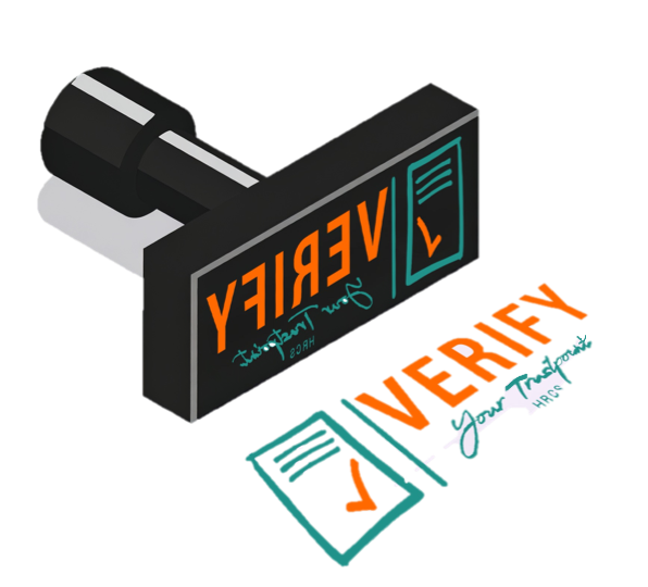 3D illustration of a rubber stamp with the word 'VERIFY' and two checkmark symbols, referring to the company "Verify HR Consultancy and Services".