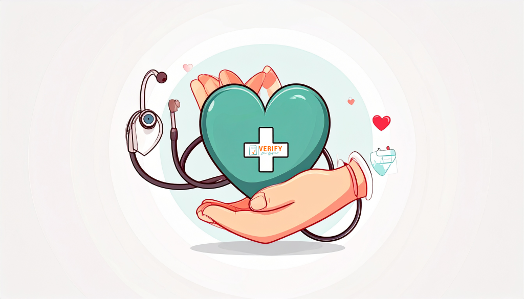 Illustration of hands gently holding a teal heart with a white medical cross and the word 'VERIFY' in the center, surrounded by a stethoscope and small heart icons, symbolizing healthcare, safety, and trust.