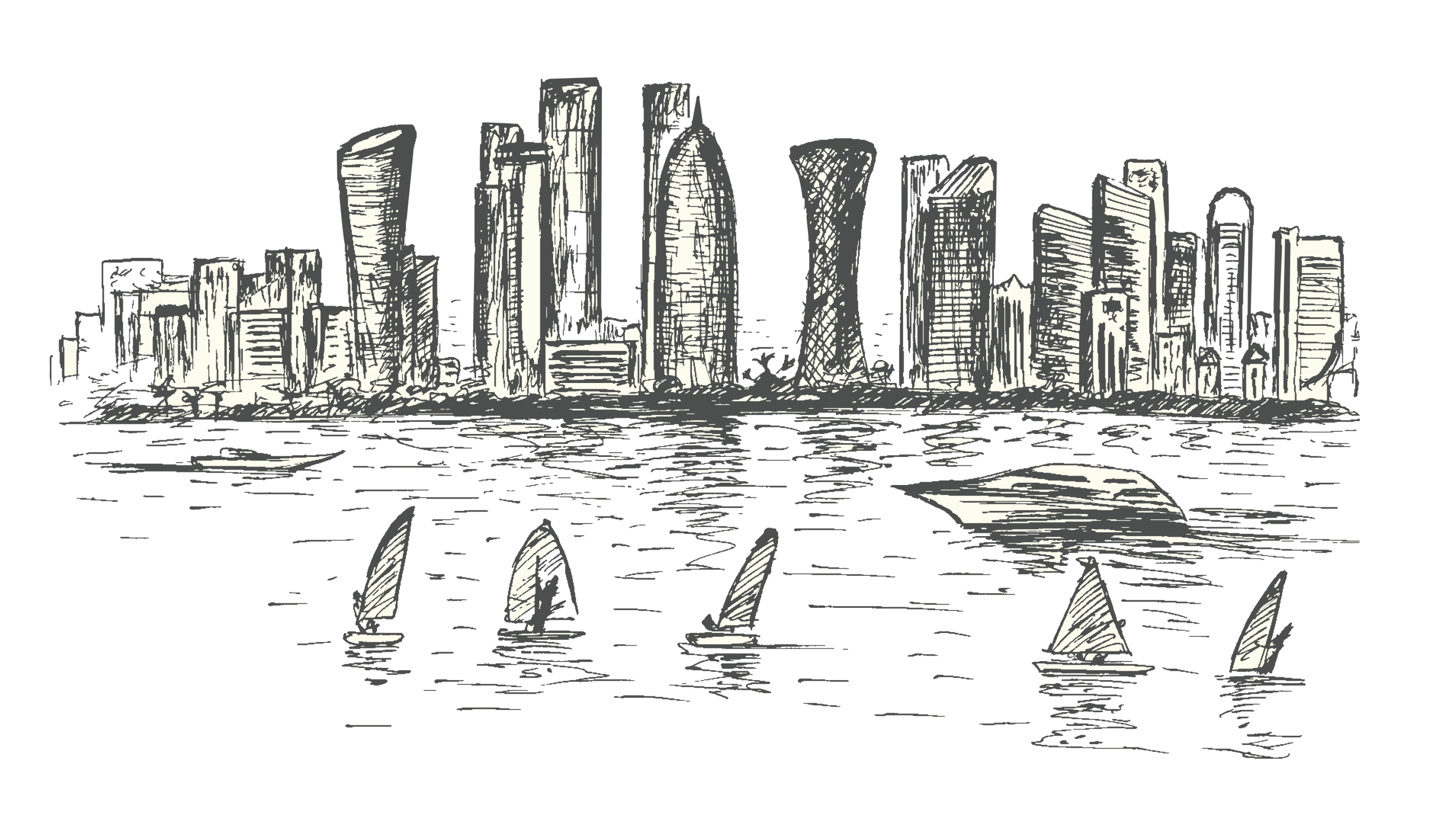 Hand-drawn depiction of the Doha skyline, featuring prominent skyscrapers and buildings by the water. In the foreground, several small sailboats are visible on the sea.