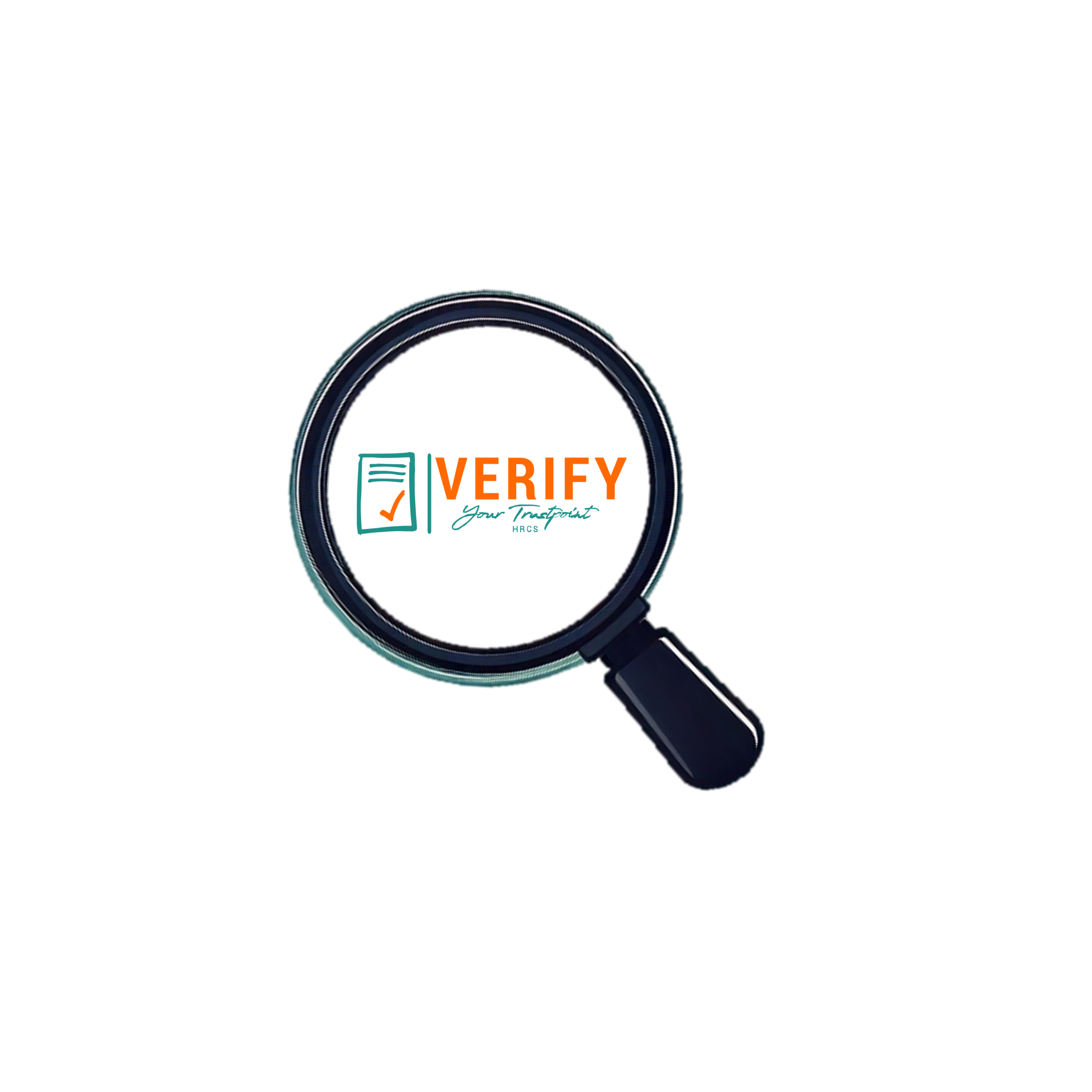 Magnifying glass with teal text inside the lens.