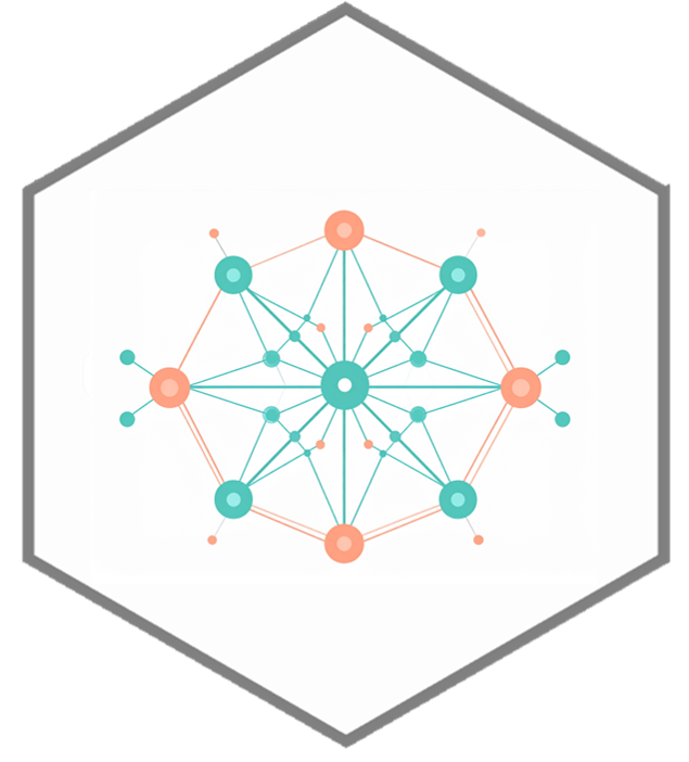Network of interconnected nodes in a web-like structure inside a hexagonal border.