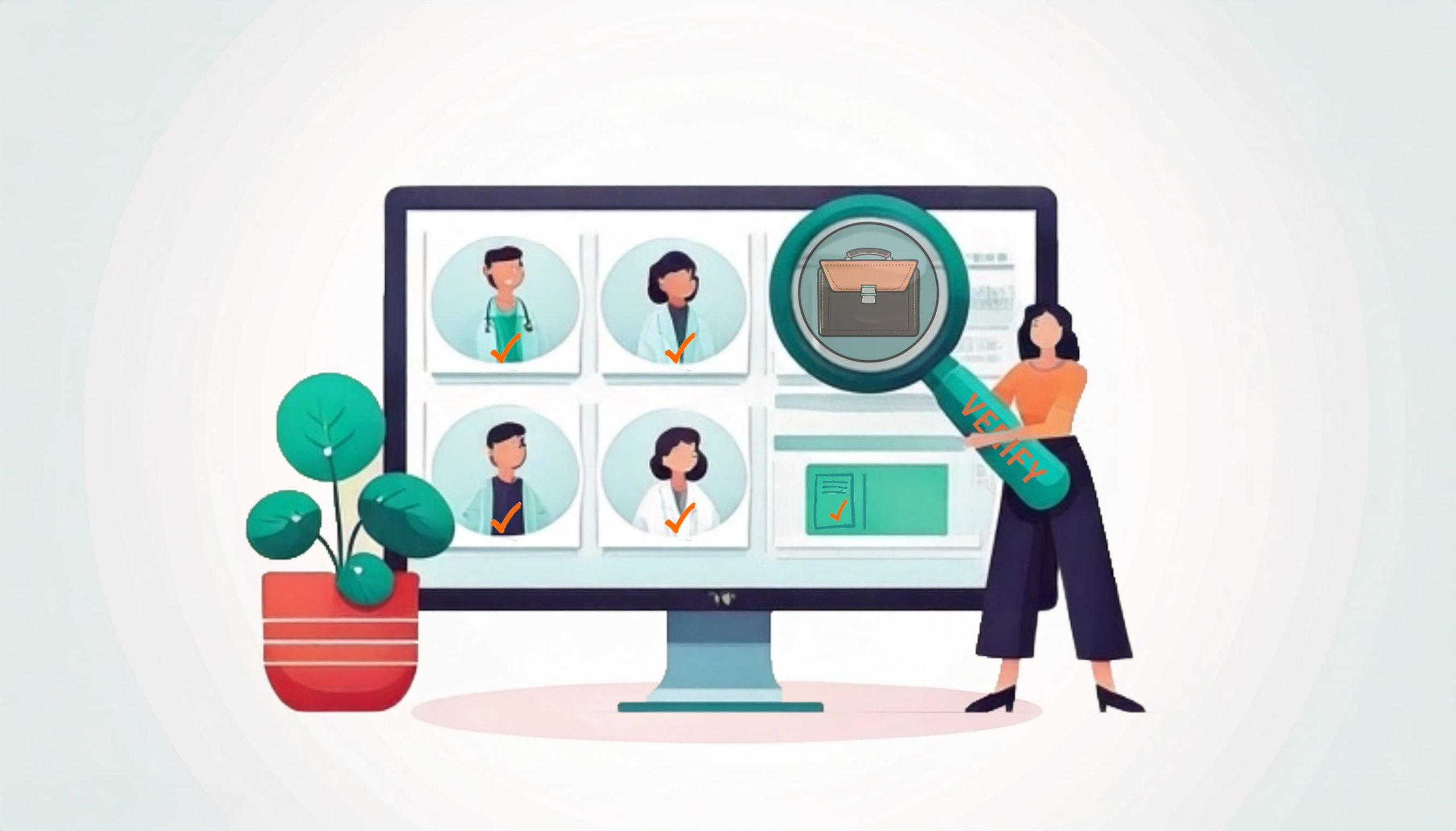 Illustration of a woman holding a large magnifying glass labeled “VERIFY,” examining a computer screen displaying profile photos of several professionals with check marks beside them. A plant in a red pot sits to the left of the screen, and the magnifying glass highlights a briefcase icon, suggesting job or credential verification.