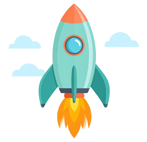 Illustration of a rocket flying upwards with a trail of fire, surrounded by a few clouds in the sky.